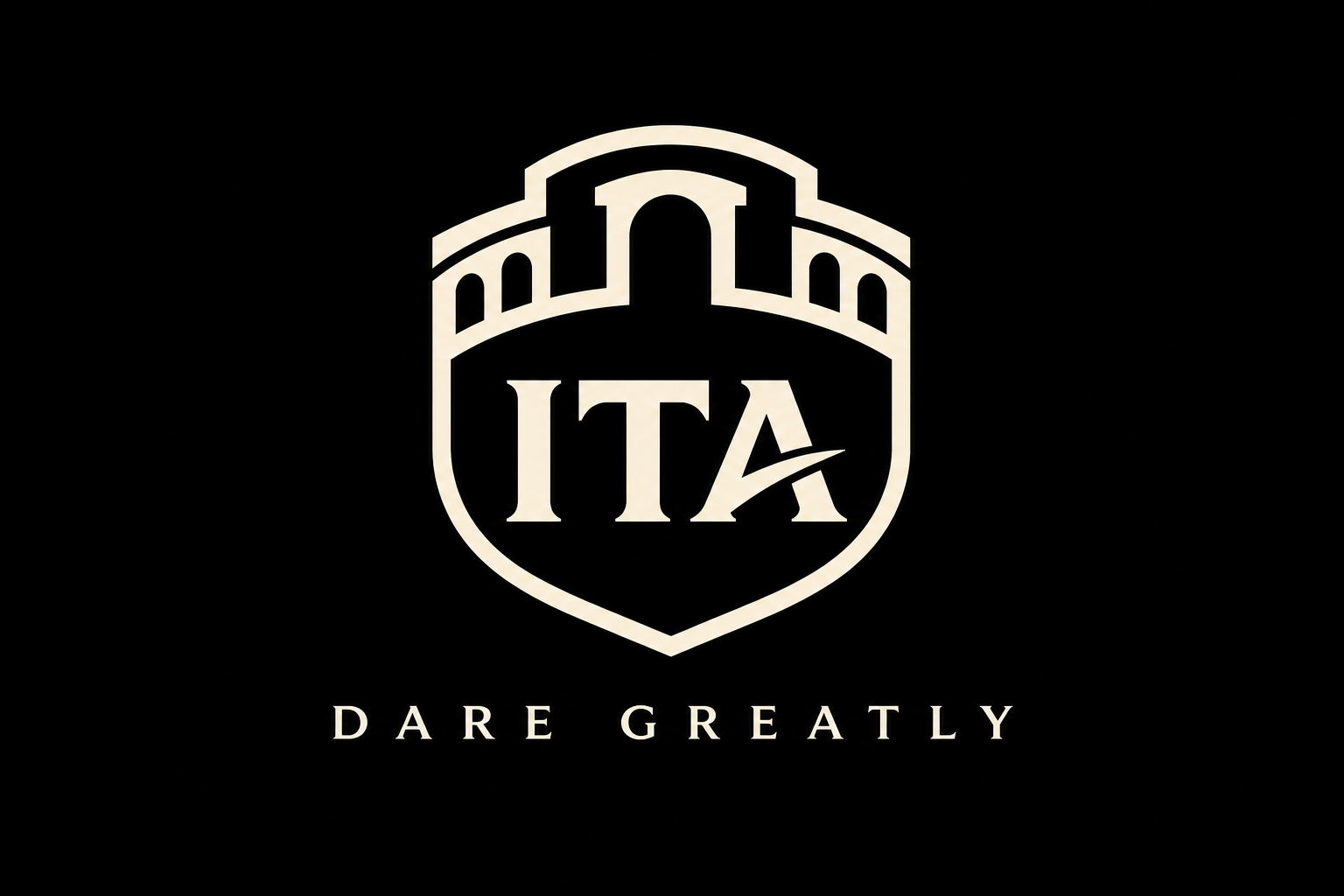 In The Arena crest. Five-arch shield, ITA, Dare Greatly.